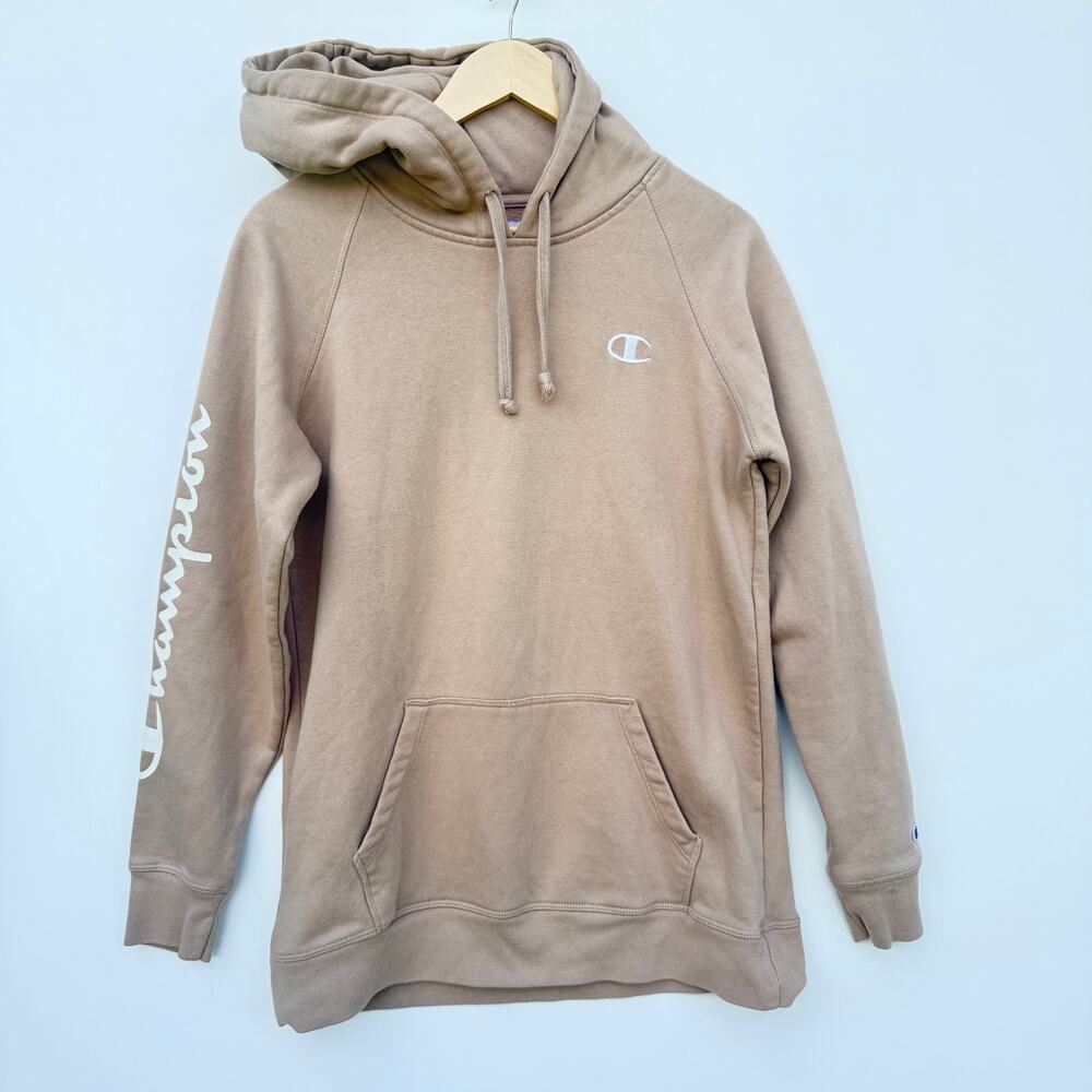 Champion Powerblend Hoodie Small | Tan Brown Fleece Pullover | Vintage 90s Style